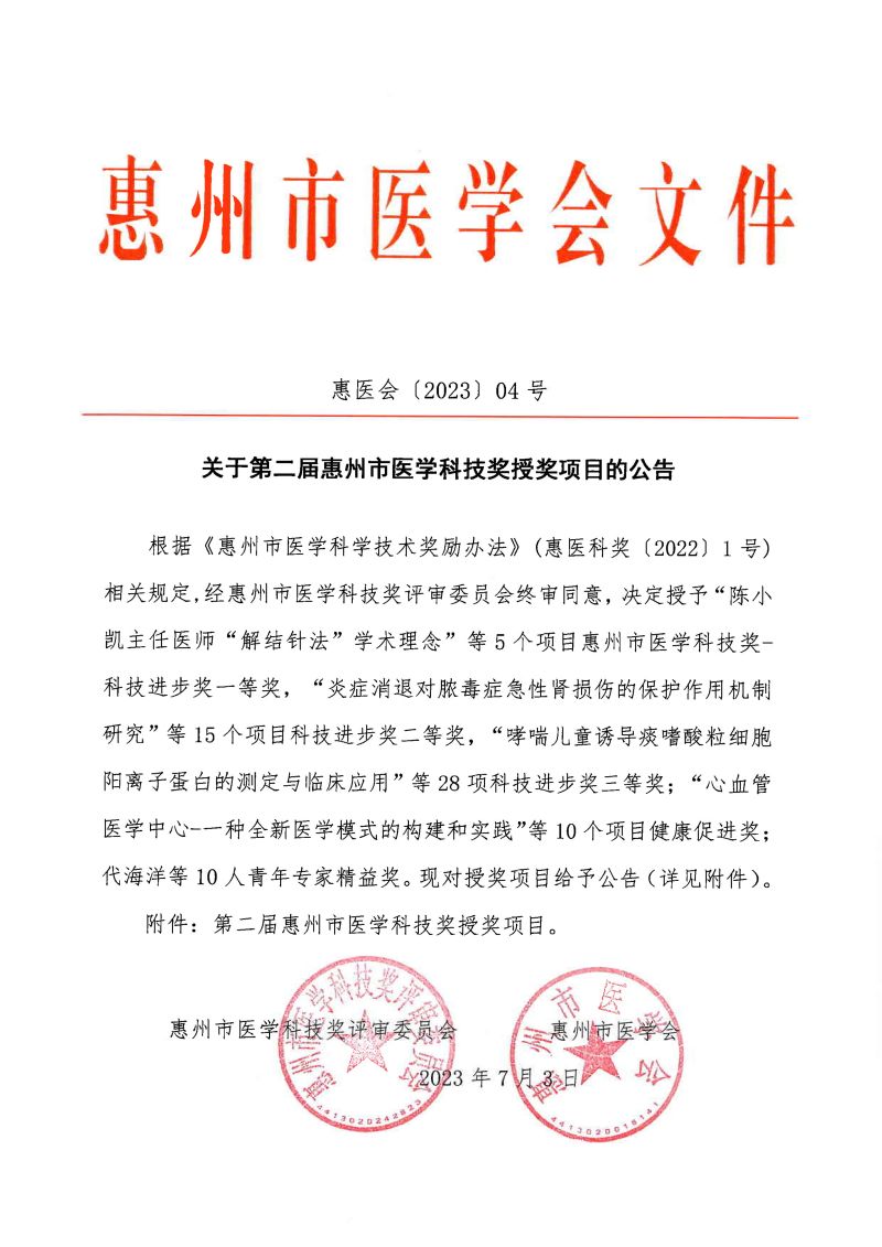 关于第二届惠州市医学科技奖授奖项目的公告